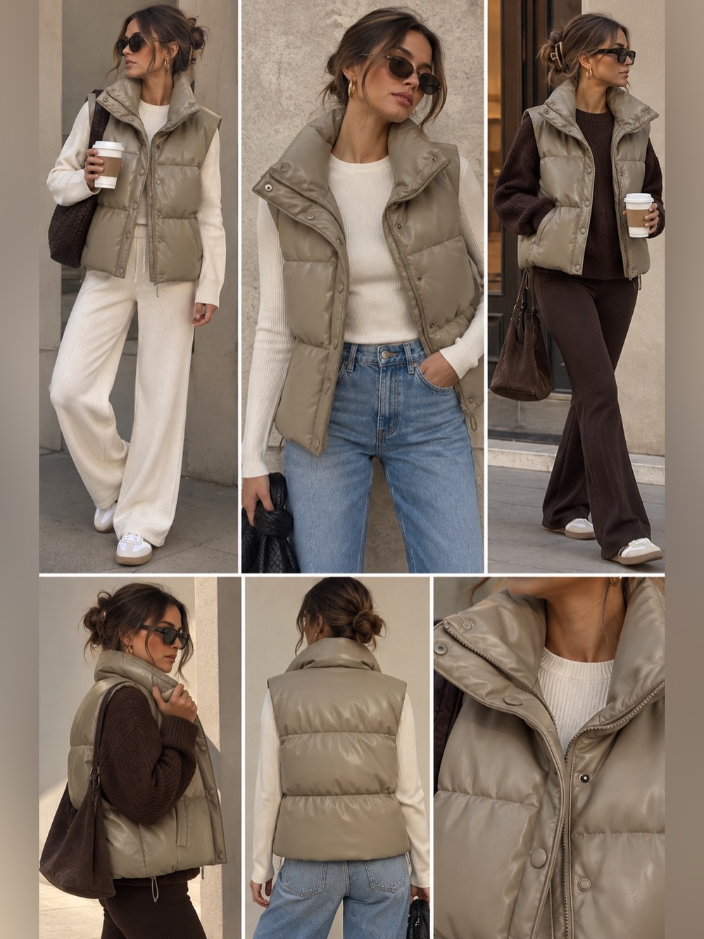 ZARA Faux Leather Puffer Vest | Taupe Khaki | XS